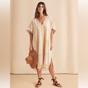 Faherty Organic Cotton Rey Caftan Neutral Boho Beach Embroidered Pockets XS/S